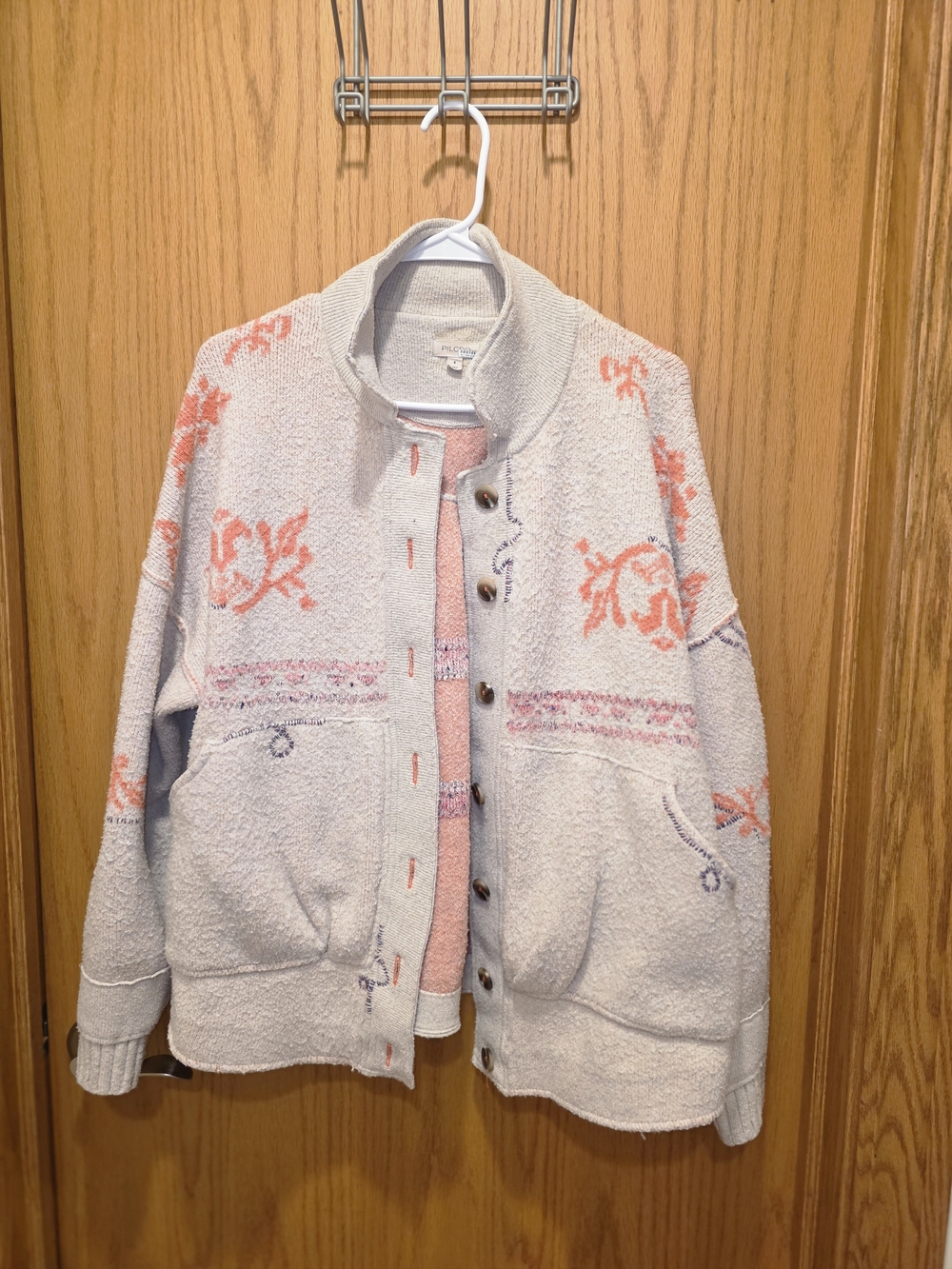 Pilcro Button-Up Floral Knit Cardigan - Light Gray & Coral Pink